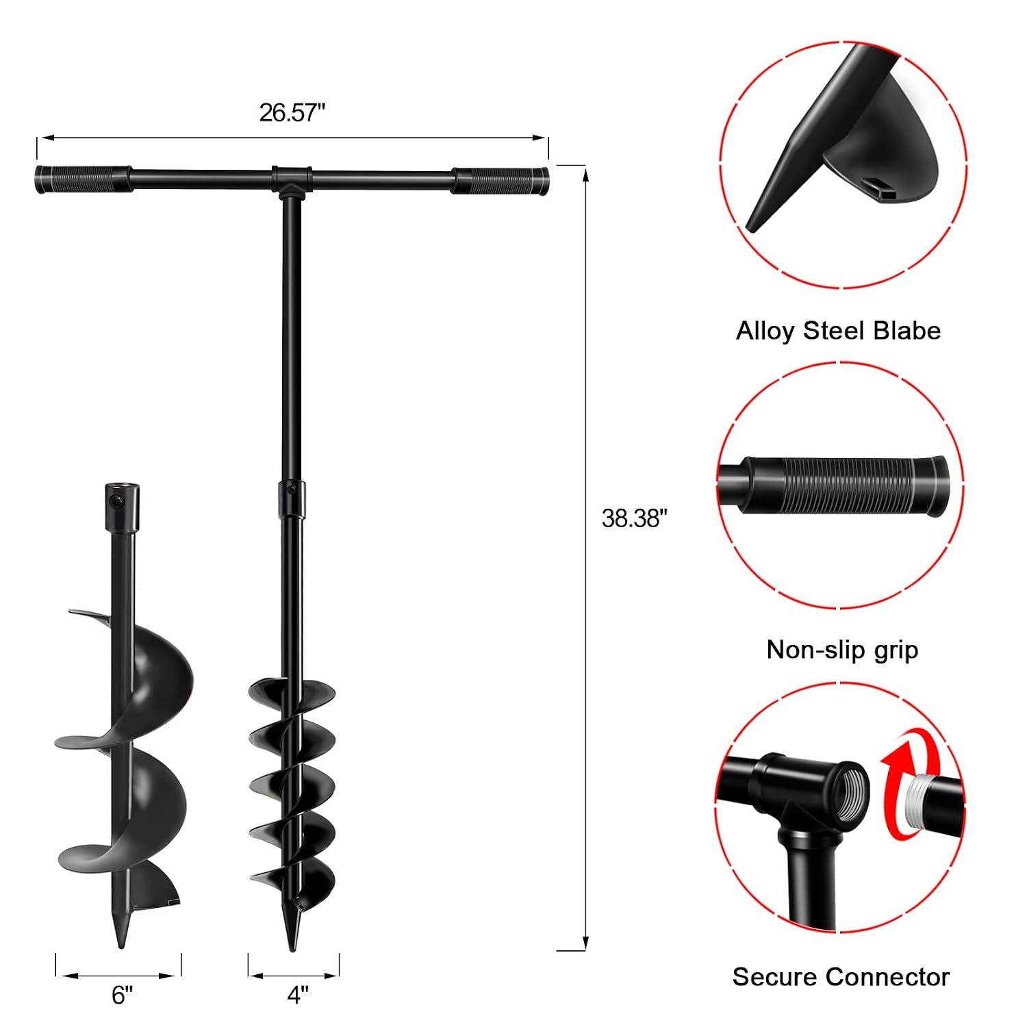 Detalle de LONGRUN 460dg Manual Garden Auger, 4- and 6-Inch Alloy-Steel Bits