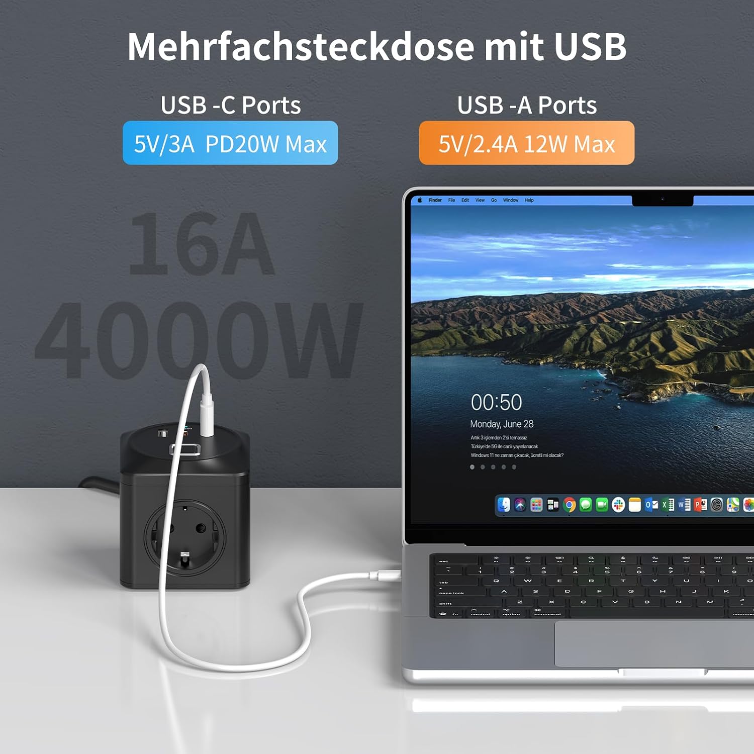 Detalle de Steckdosenwürfel mit USB – 6-in-1 USB-Steckdosenleiste, 3x EU-Steckdosen + 2x USB-A + 1x USB-C, 3680 W, PD 20 W, 2 m Kabel, Schutz