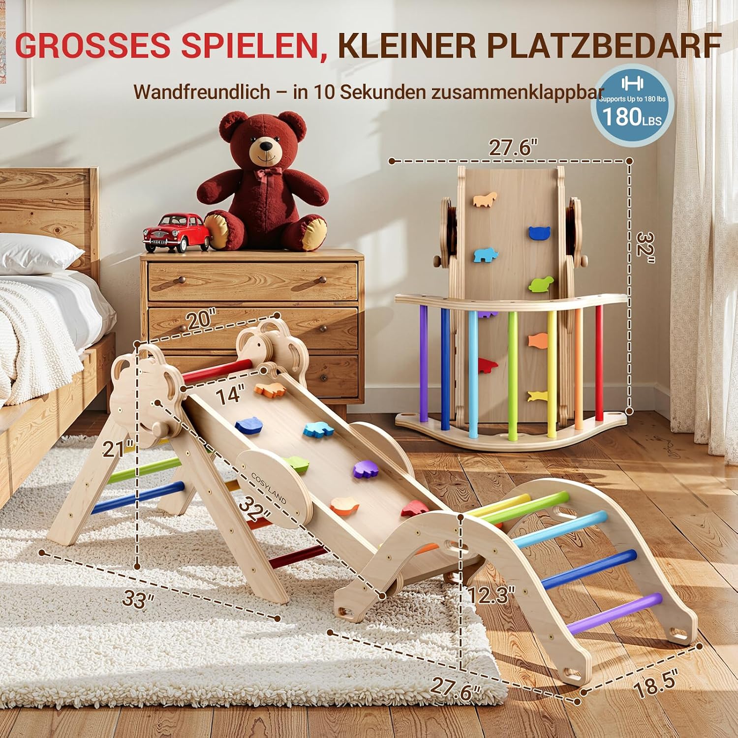 Thumbnail 6 de COSYLAND 8-in-1 Montessori Klettergerüst Holz ab 18 Monate – Kletterdreieck mit Rutsche & Kletterbogen, Natur