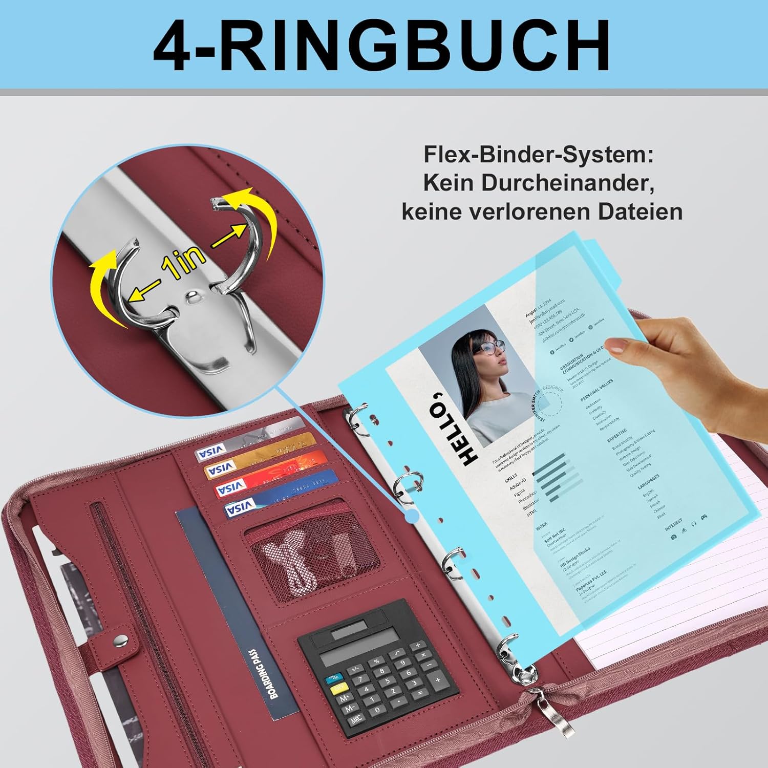 Thumbnail 6 de Leathario Schreibmappe A4 mit 5er Register und 4-Ringbuch, Konferenzmappe mit Reißverschluss