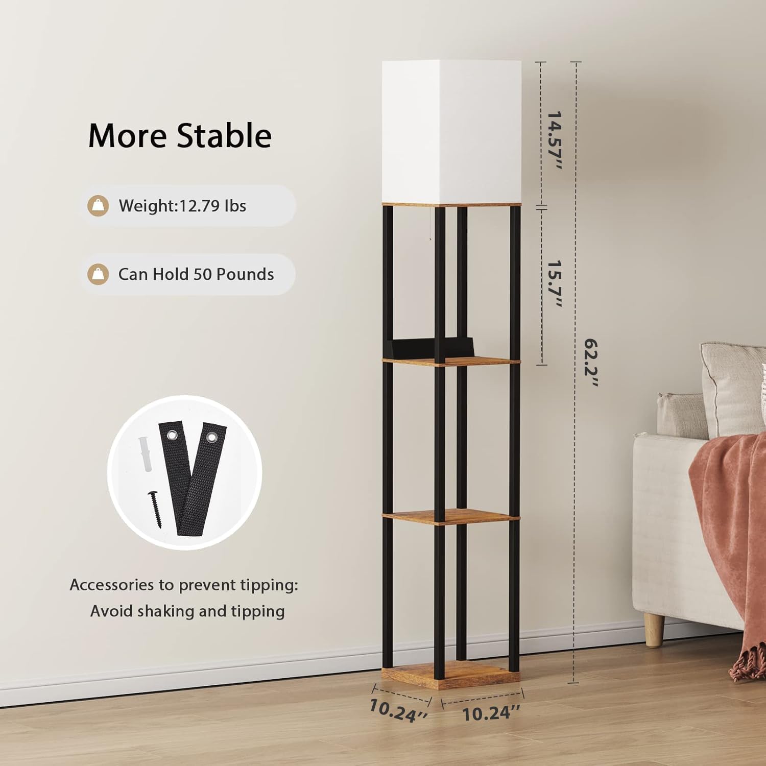 Detalle de Meisoda Floor Lamp with 3-Tier Wood Shelves