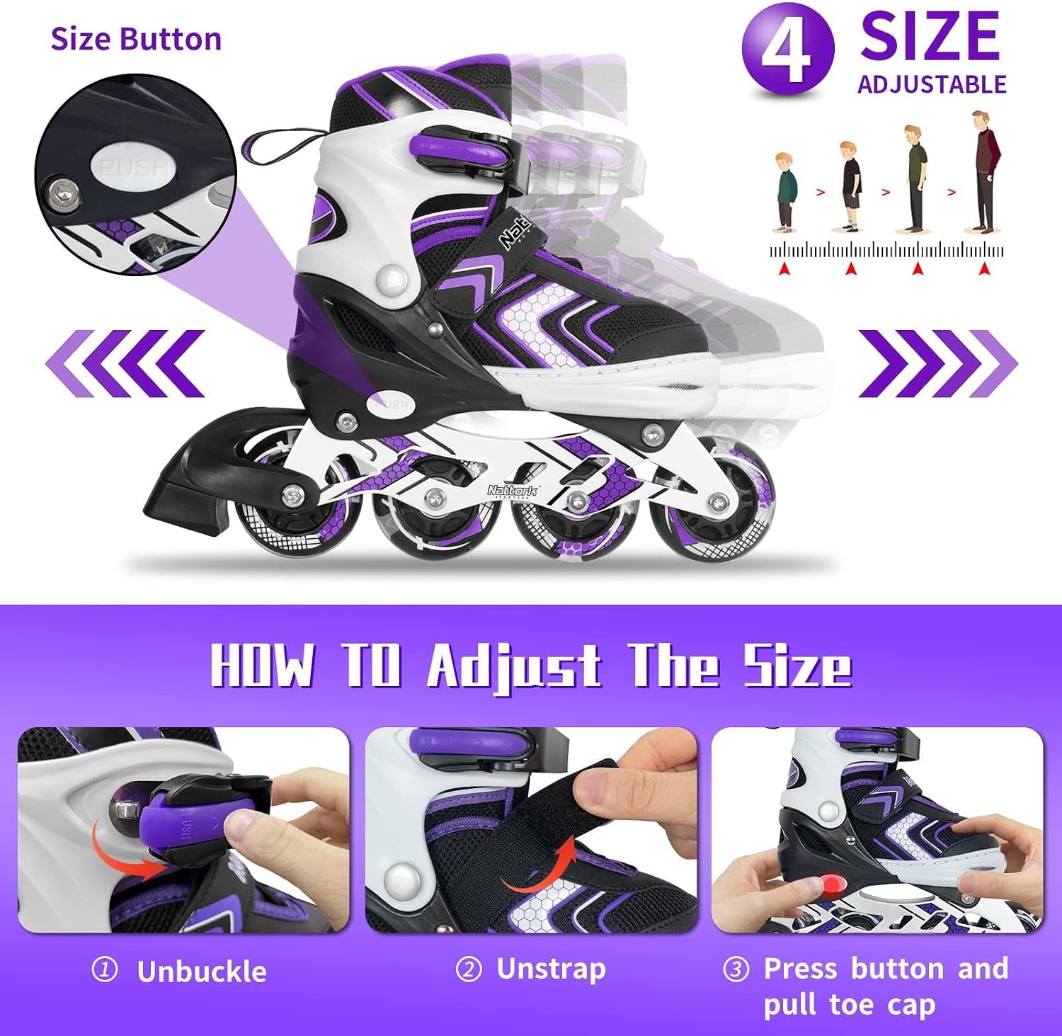 Detalle de Nattork Adjustable Inline Skates with Full Light-Up Wheels for Kids (Purple/Pink/Blue/Black)
