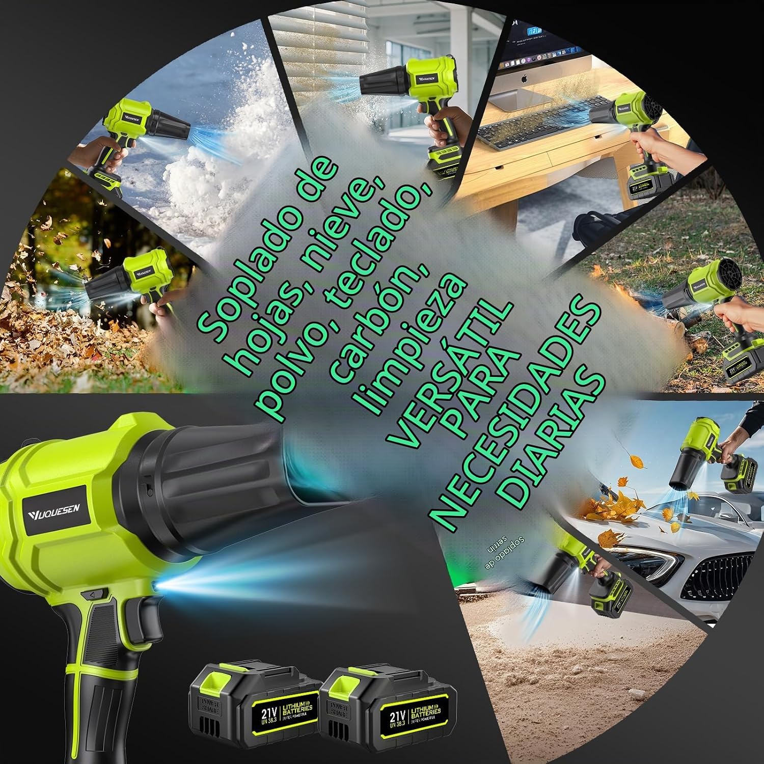 Thumbnail 5 de Soplador de Hojas Yuquesen 900.000 RPM — kit 2 baterías, cargador y accesorios (Verde Brillante)