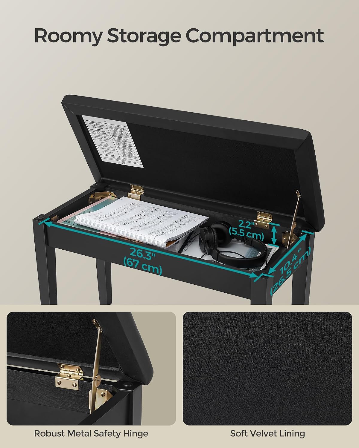 Detalle 2 de SONGMICS ULPB75BK Duet Piano Bench with Padded Seat and Storage