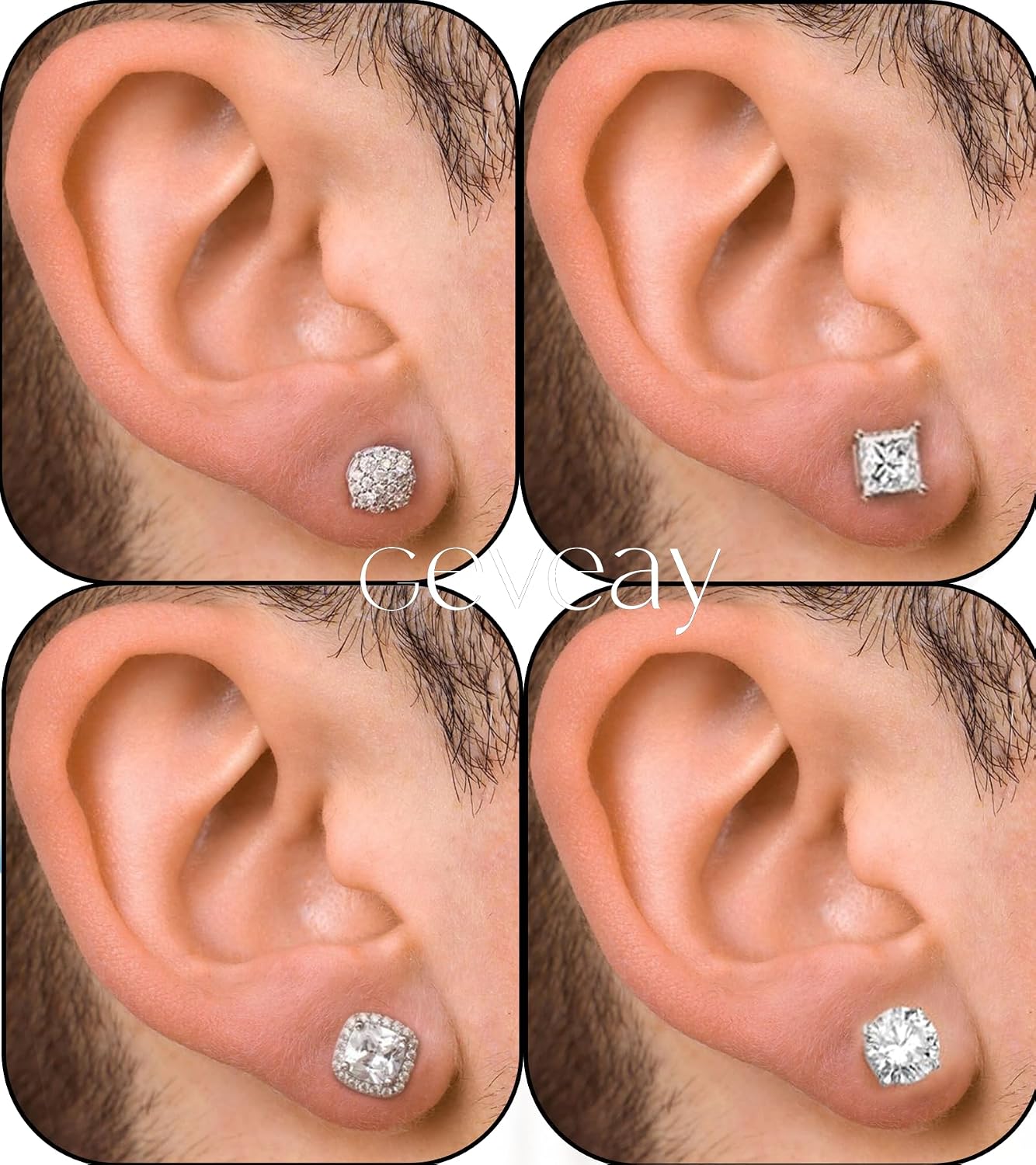 Detalle de Geveay Mens Silver Earrings: 4 Styles of Hypoallergenic Sterling Silver Studs