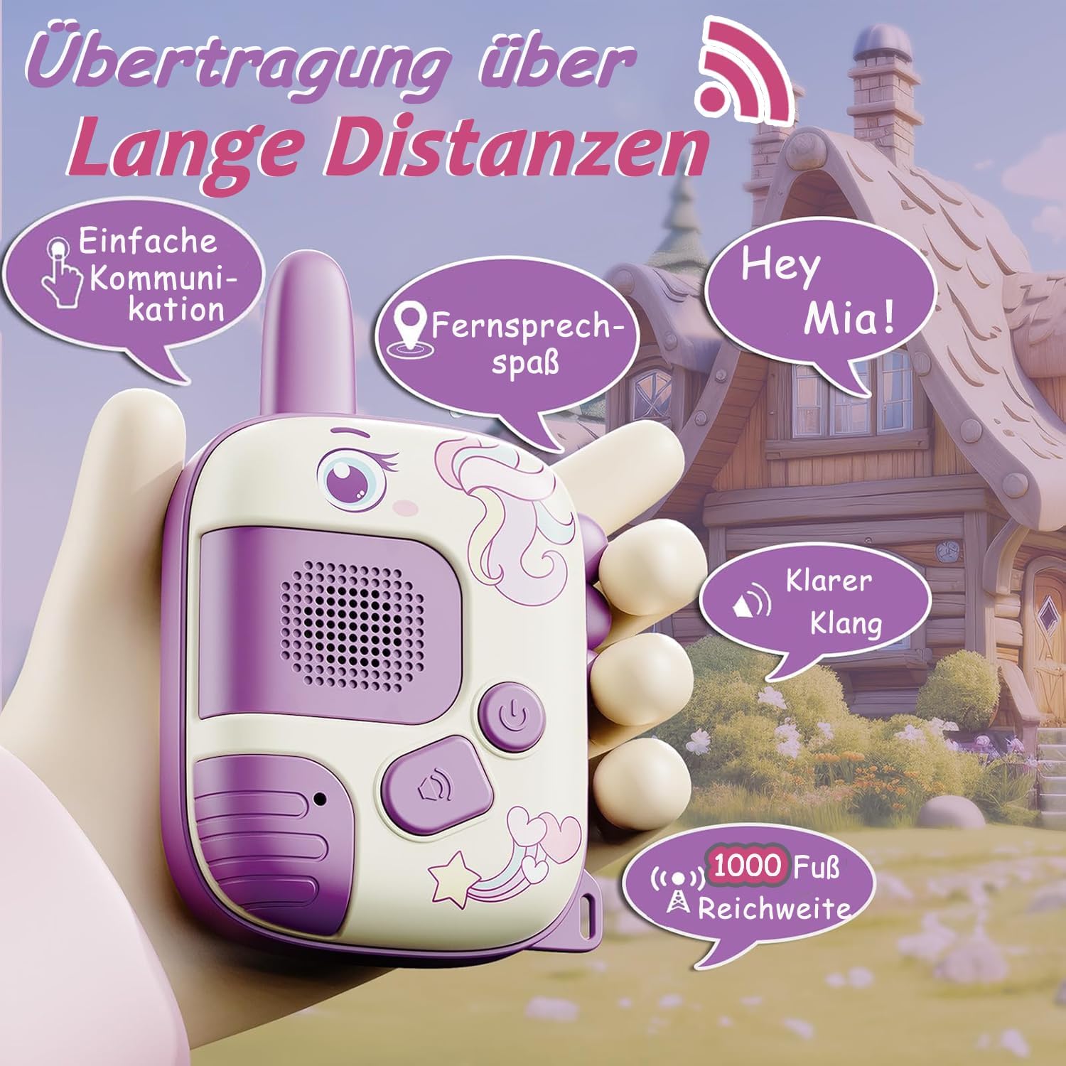 Detalle 2 de Kinder-Walkie-Talkies (ab 3–8 Jahren) mit Einhorn-Design – robustes Spielzeug für Outdoor-Abenteuer