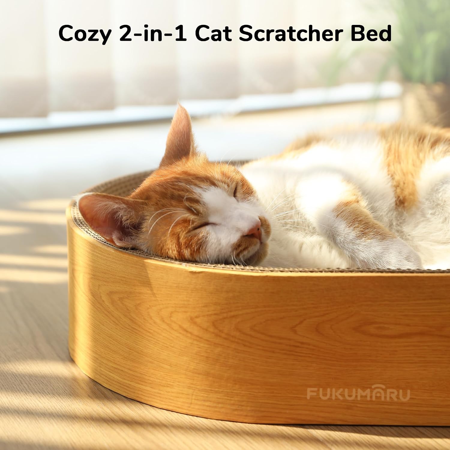 Detalle 1 de FUKUMARU Cat Scratcher Cardboard Lounge Bed (2-in-1 oval scratch pad) in wood colour