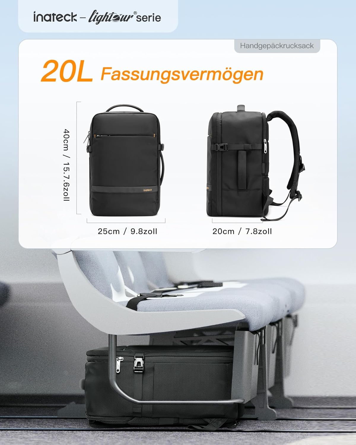 Detalle 2 de Inateck 20L Ryanair Handgepäck 40 x 25 x 20 cm Reiserucksack mit Laptopfach und Trolley-Gurt