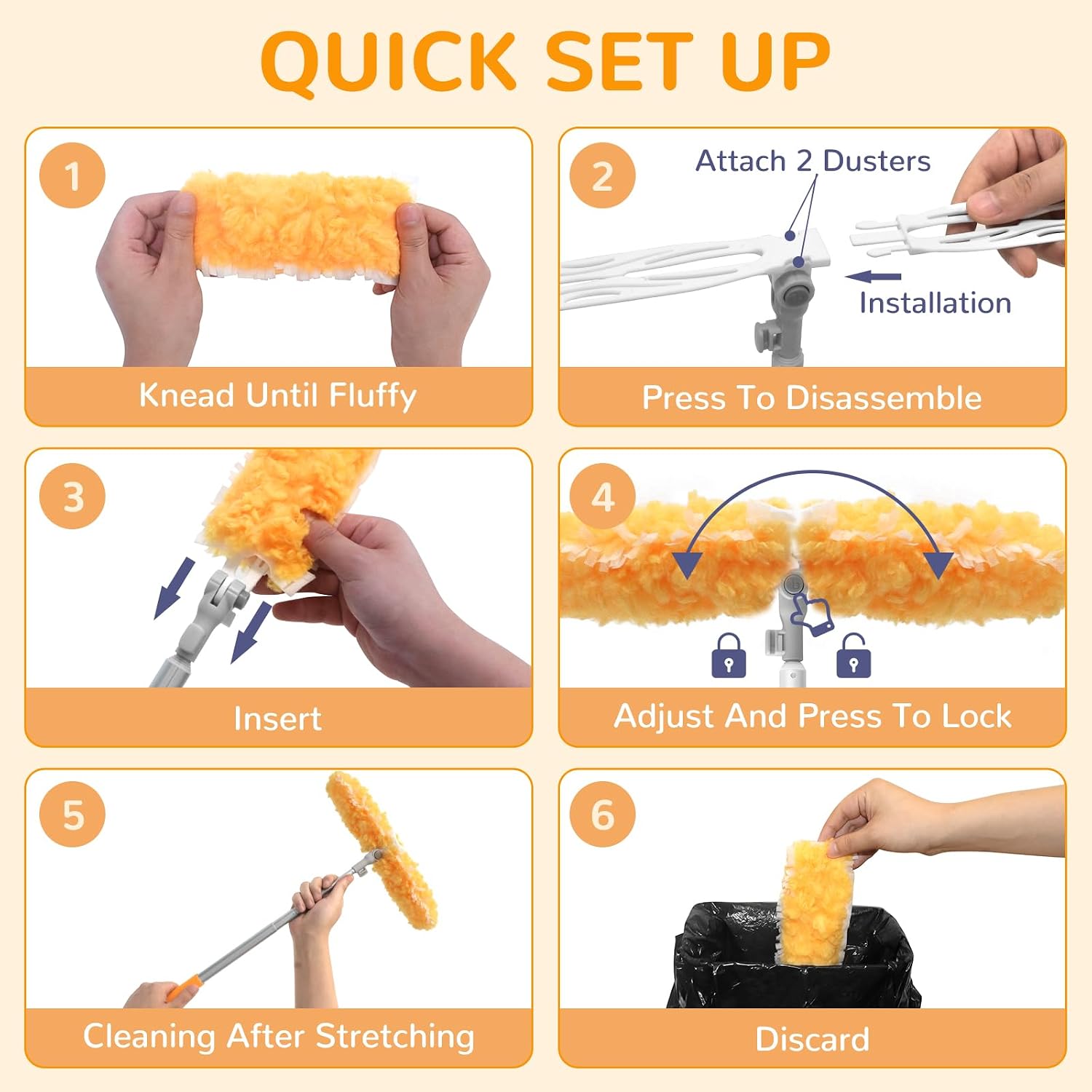 Thumbnail 6 de 6 ft Heavy Duty Extendable Duster with 50 Refills for Swiffer Duster, 360° Dual-Head, Orange