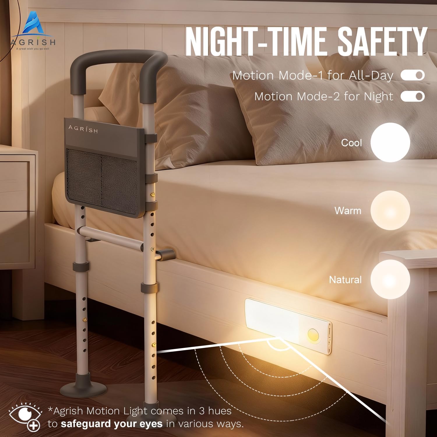 Thumbnail 1 de Agrish Bed Rails for Elderly Adults – Bed Assist Rail with LED Light & Storage Pouch (Single/Double fits)