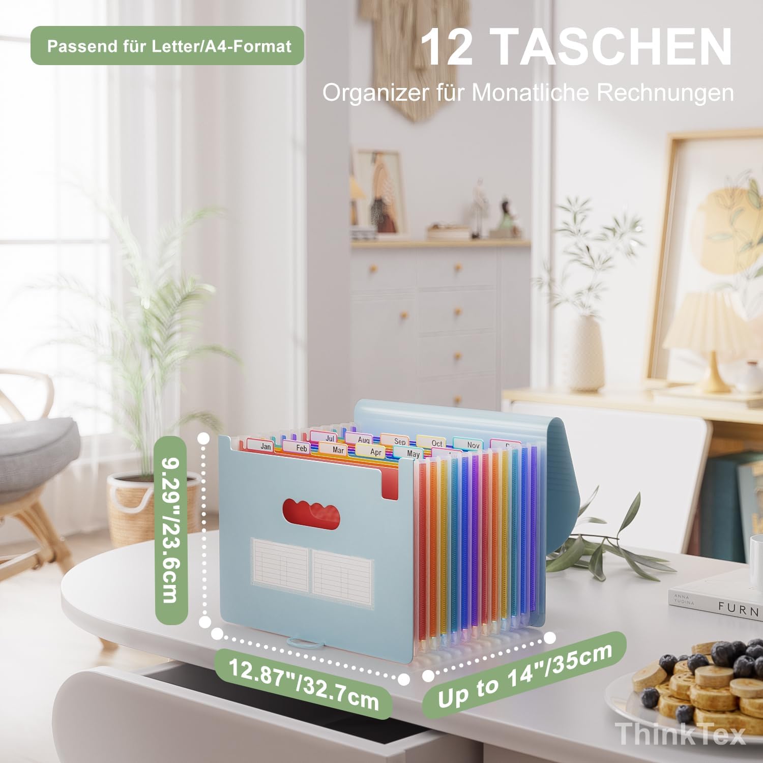 Thumbnail 1 de ThinkTex 12-Fächer Dokumentenmappe A4 (Morandi Blau) – A4 Sortiermappe mit Gummizug & Verschlussknopf