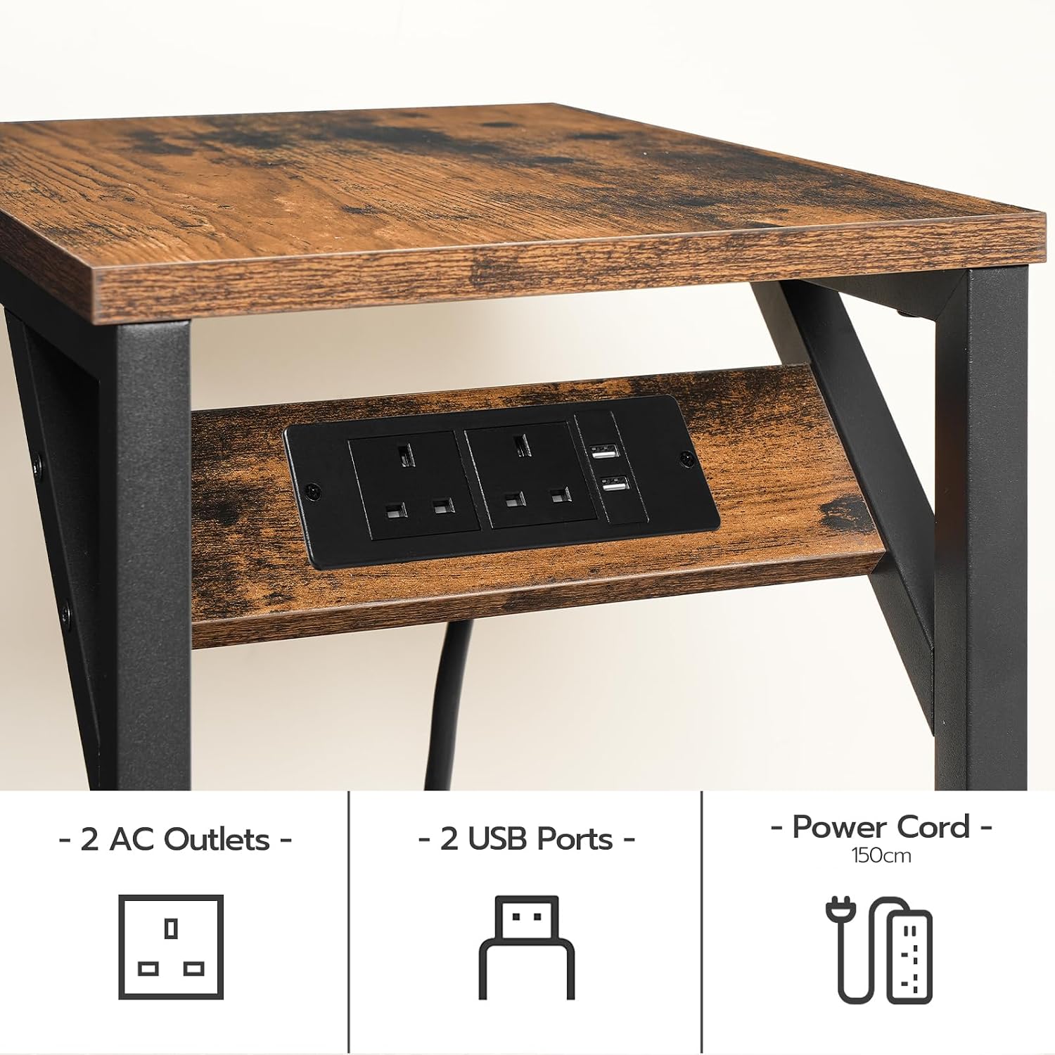 Thumbnail 3 de HOOBRO C Shaped Side Table with Charging Station (EBF07KSF01) – Rustic Brown & Black