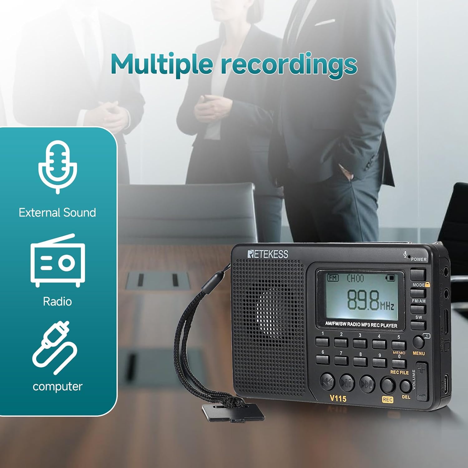Detalle 2 de Retekess V115 draagbare radio met AM/FM/SW, LCD-scherm en opnamefunctie