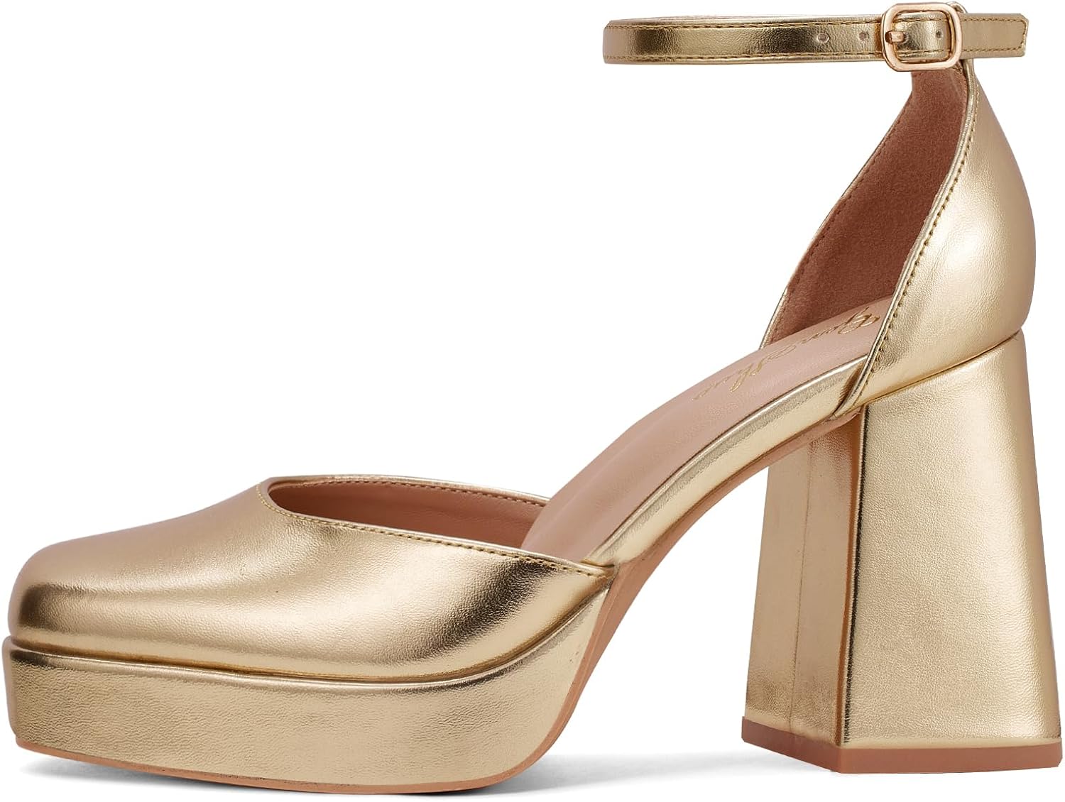 Detalle de GENSHUO Women's Platform Chunky Heel Pumps – 4-Inch Closed Square Toe with Ankle Strap