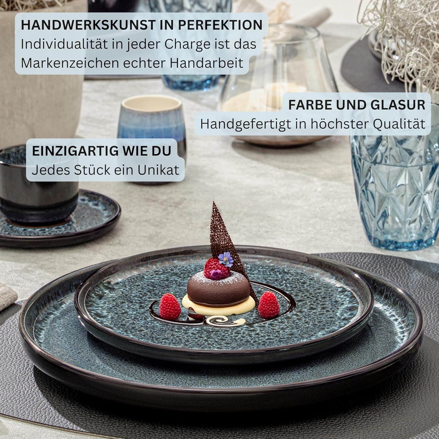 Detalle de SÄNGER Manila 18-tlg. Steingut-Geschirrset, blau mit schwarzem Rand – Teller-Set für 6 Personen