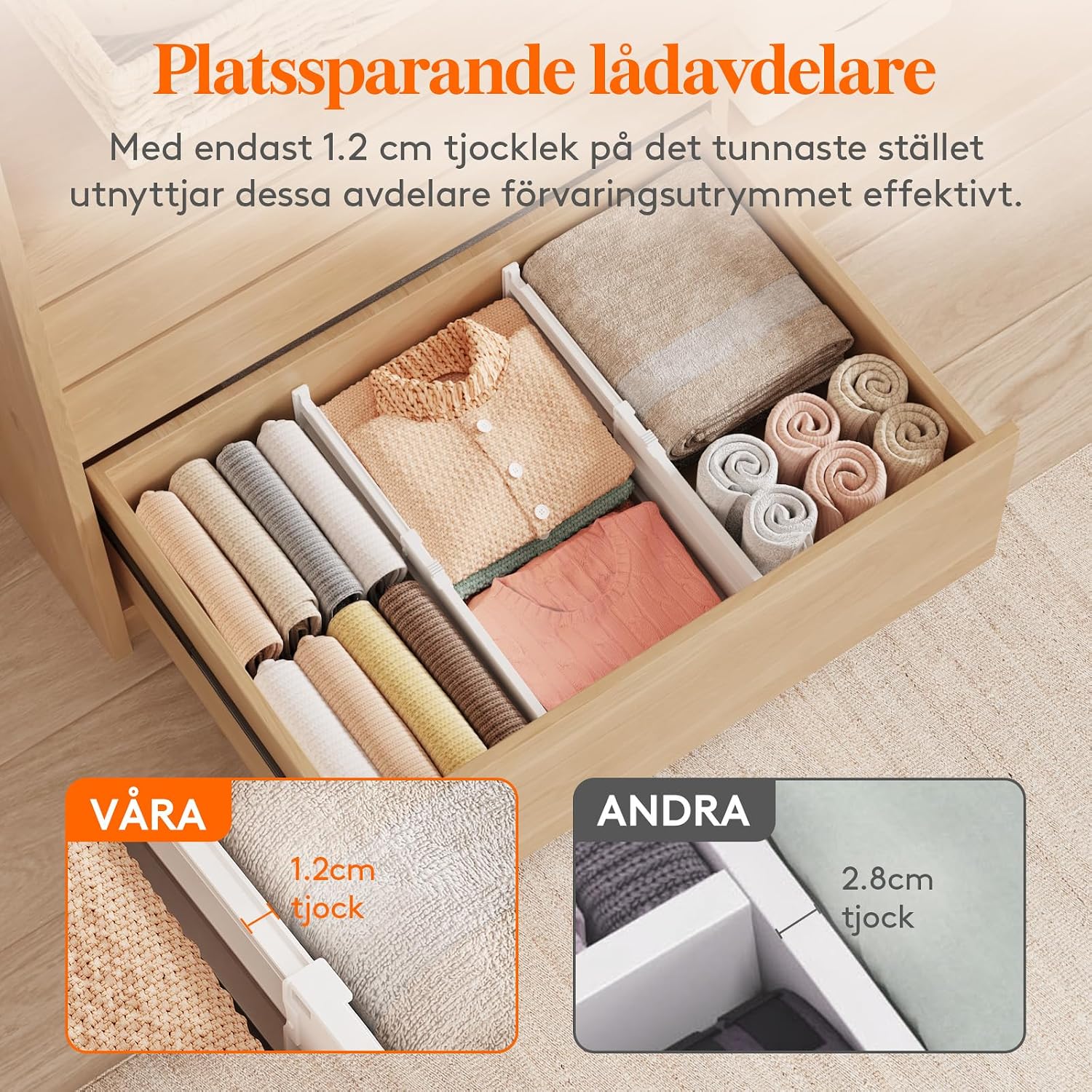 Detalle de Lifewit 24566 lådavdelare, 4-pack, justerbara och 20,4 cm höga