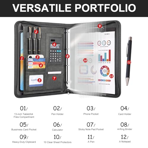 Detalle 2 de Leathario Portfolio Folder A4: Vegan Leather 4-Ring Conference Folder with Proactive Organisation