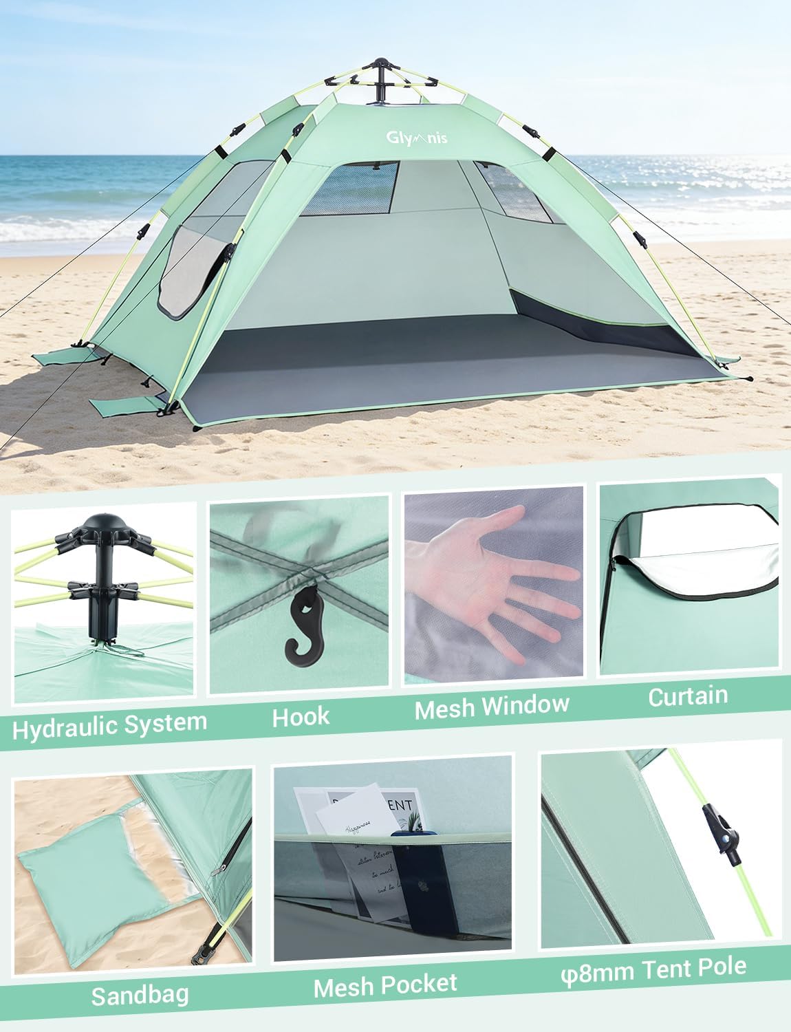 Thumbnail 3 de Glymnis Strandmuschel Quick Up Strandzelt – 3 bis 4 Personen, UV-Schutz 50+, automatischer Aufbau