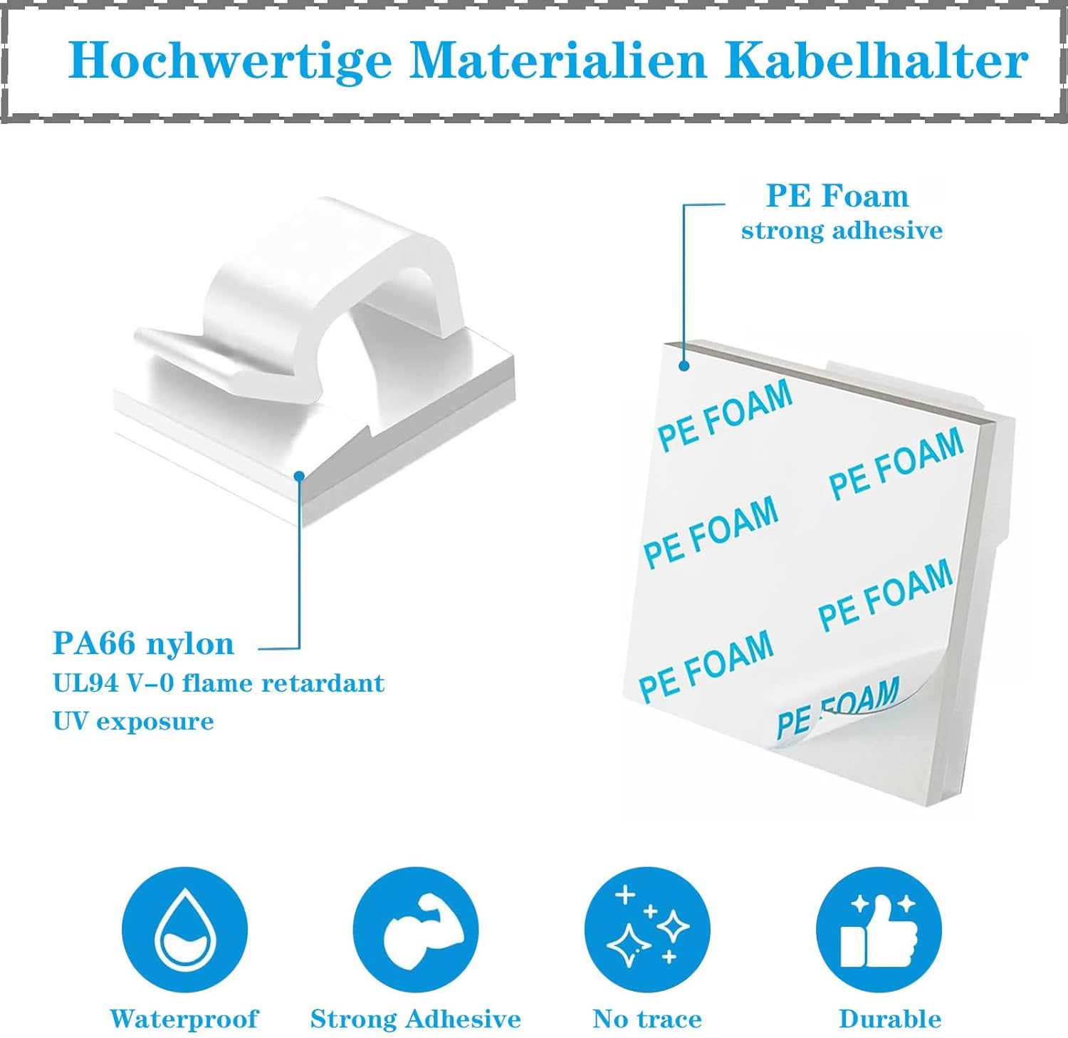 Detalle de KLJ Kabelhalter Haken für Lichterketten, selbstklebend (PA66 Nylon), 50er-Set – Weiß