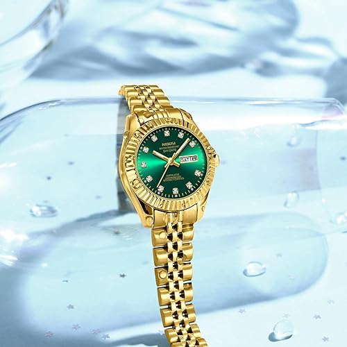 Detalle 2 de NIBOSI Damen Analog Quarz Uhr aus Edelstahl – grünem Zifferblatt mit Datumsanzeige