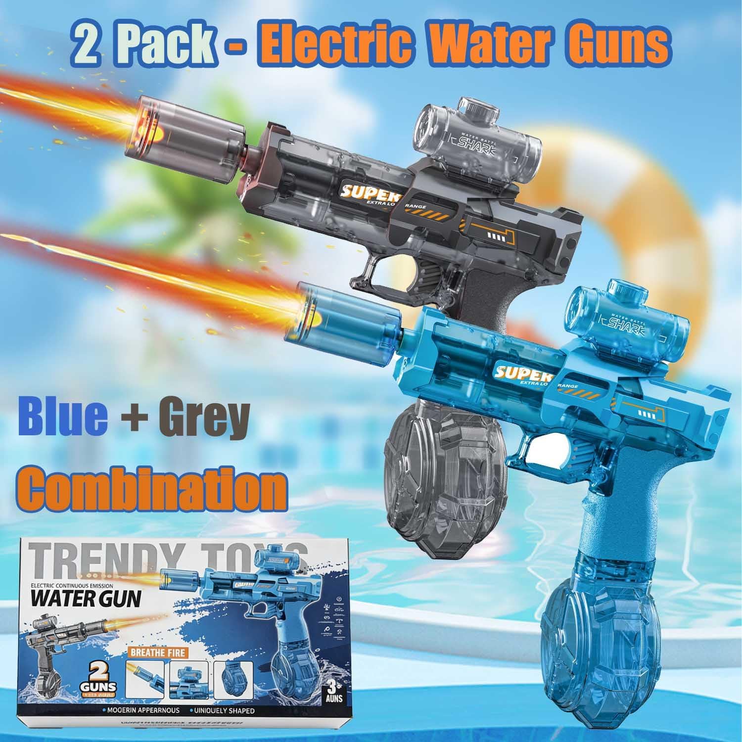 Detalle de 2-Pack Electric Water Guns for Adults and Kids with LED Lights – Ultra Long Range, 320cc Capacity (Grey + Blue)