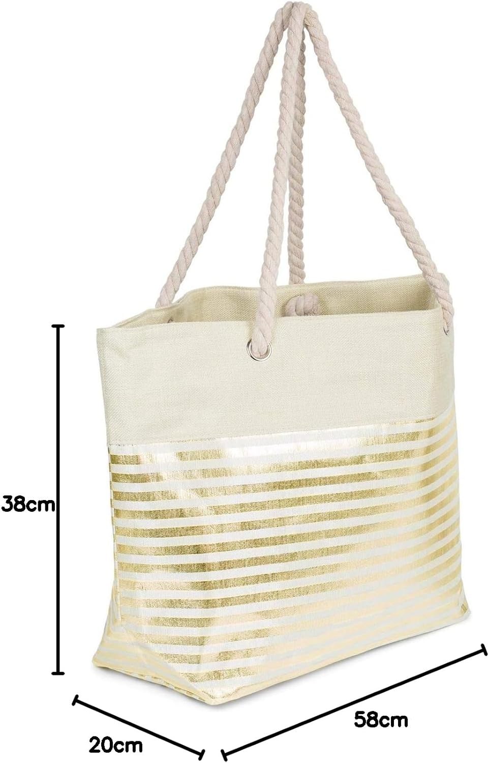 Thumbnail 6 de styleBREAKER Borsa da spiaggia XXL con stampa a righe metalliche e cerniera – Beige-Oro
