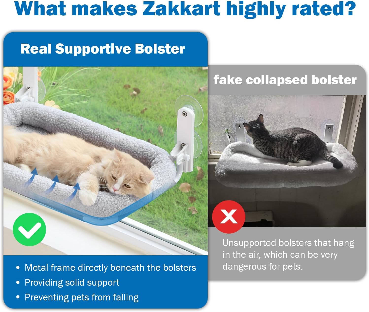 Thumbnail 1 de Zakkart Foldable Cat Hammock for Window (Cordless) with Machine-Washable Bed, Metal Frame & ABS Brackets – Large Gray Bolster
