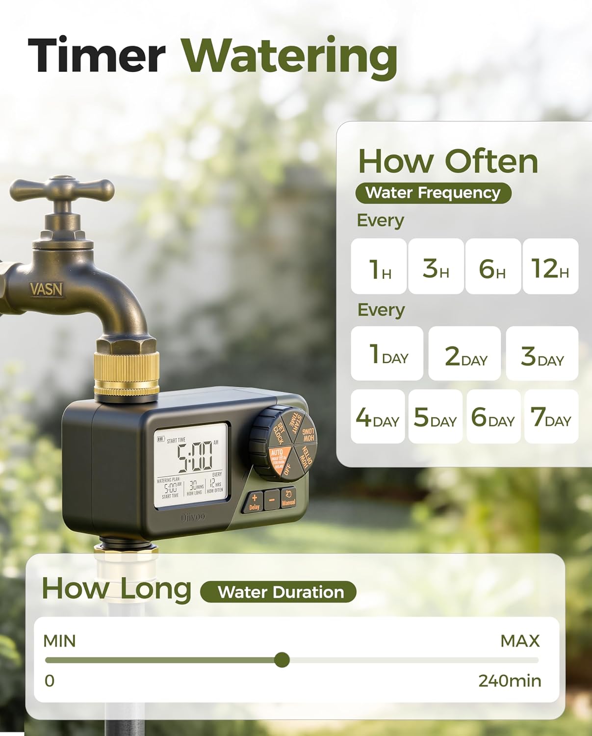 Thumbnail 1 de Diivoo Water Sprinkler Timer with Brass Inlet & Outlet – weekly irrigation with rain delay and manual watering
