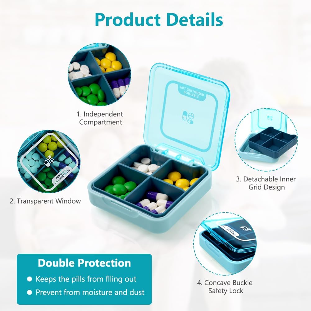 Detalle de ACWOO Portapillole piccolo 7 giorni con 4 scomparti, senza BPA (blu)