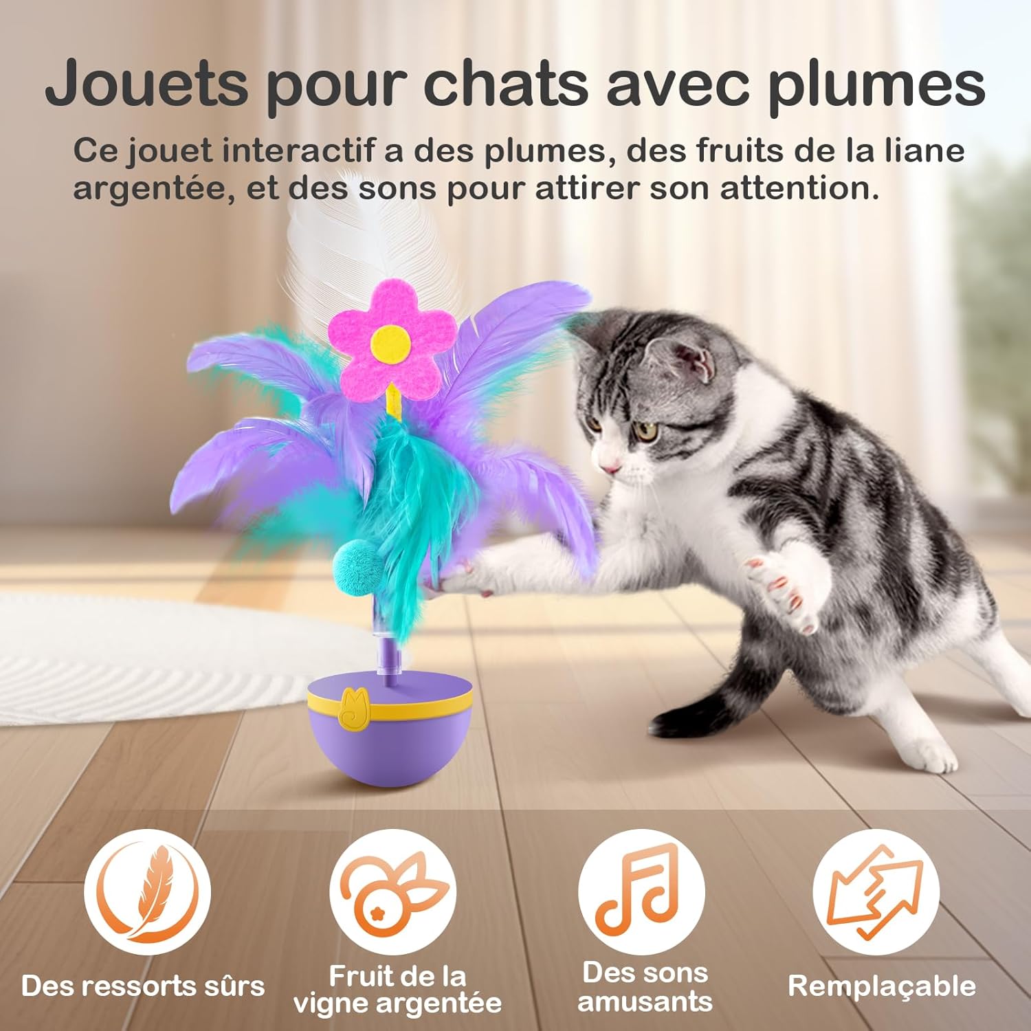 Detalle de Migipaws Jouet interactif pour Chats - Joue plumes design tumbler, violet