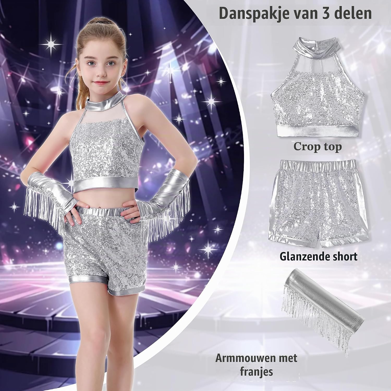 Detalle de LOLANTA paillettendansset voor meisjes met crop top, shorts en franjes