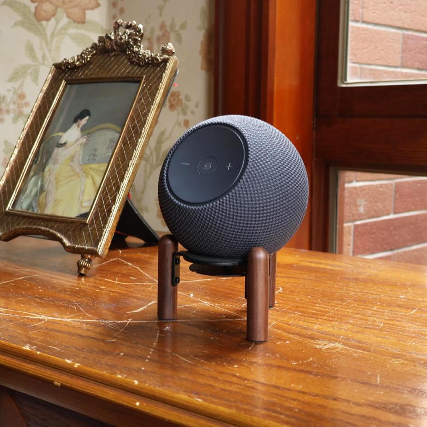 Detalle de H Huaberich デスクウッドスタンド Echo Dot Max用 ブラックウォールナット・コード収納付き