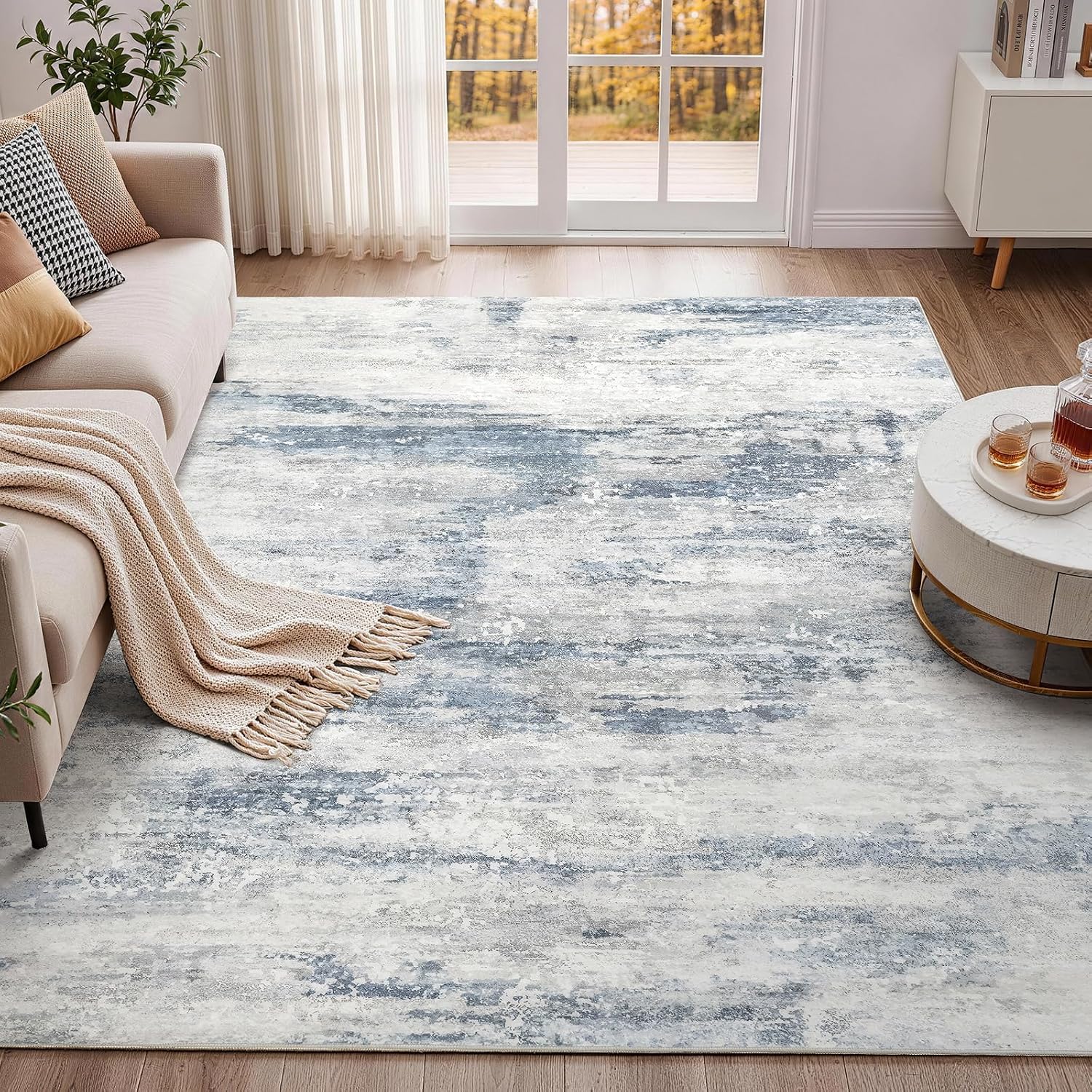 Detalle de Huiuhjirug 5' x 7' Washable Area Rug, Blue Grey Low-Pile Abstract Carpet