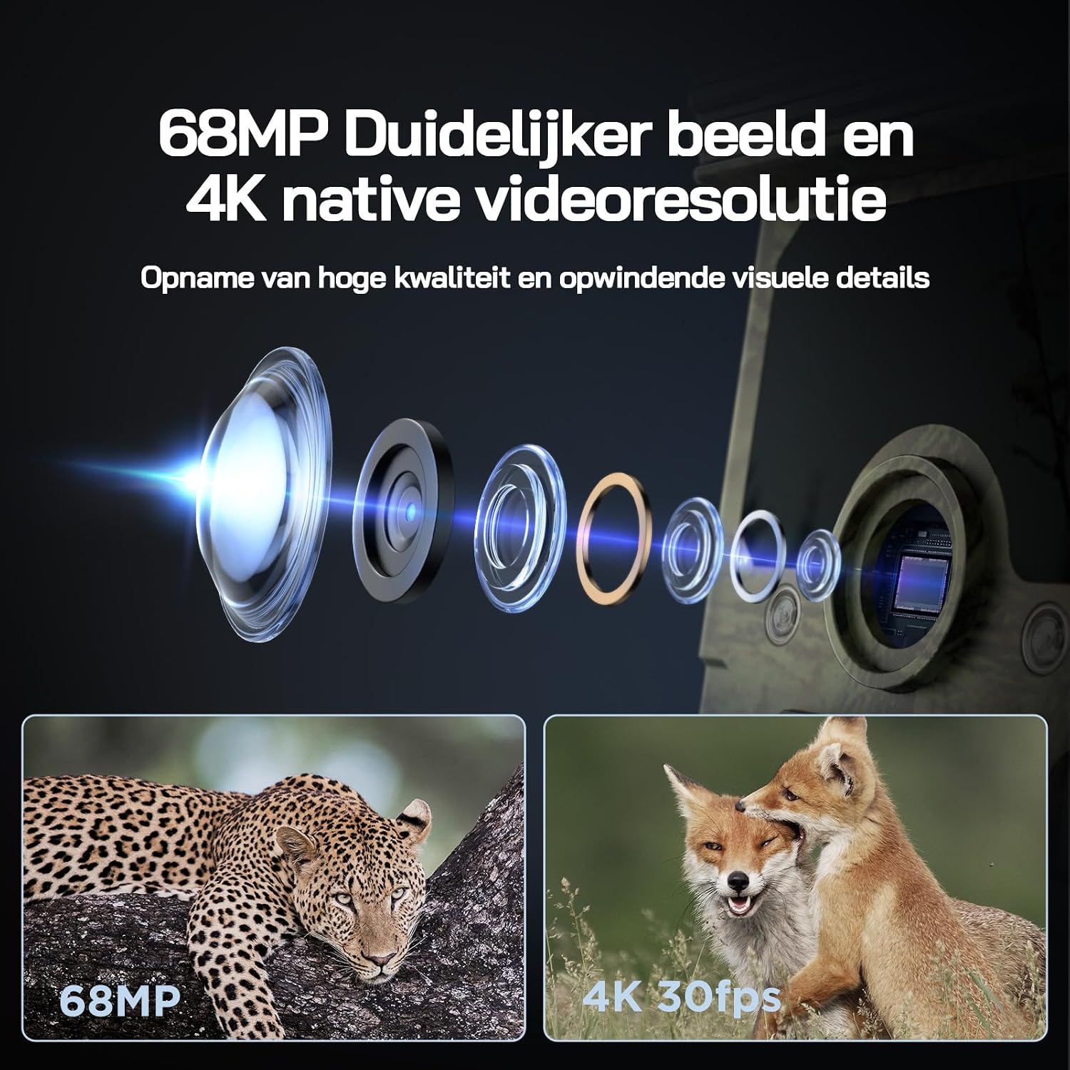 Detalle 2 de WOLFANG WT03 wildcamera met zonnepaneel, 4K-video en 68MP-foto’s