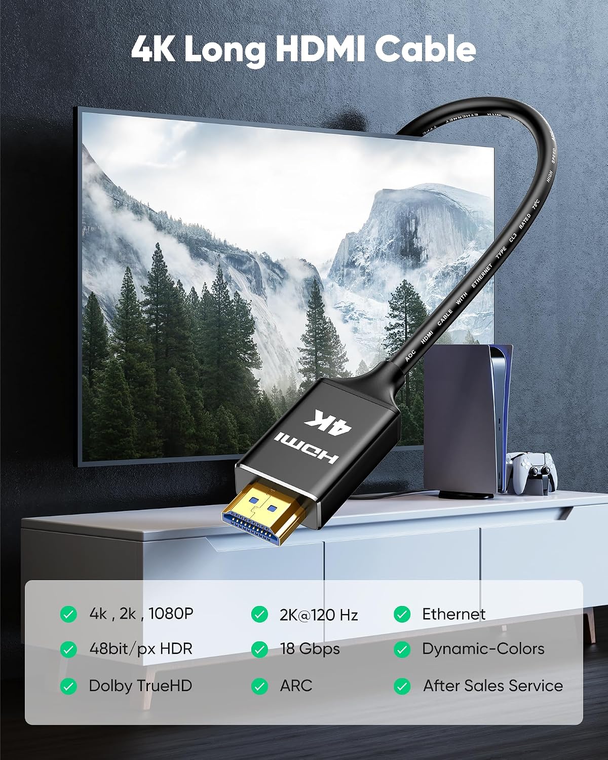 Detalle de Highwings 4K Long HDMI Cable 12M — In-Wall CL3 Rated HDMI Cable 2.0