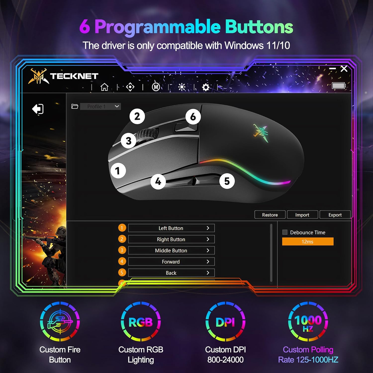 Thumbnail 3 de TECKNET Souris Gamer sans fil Tri-Mode 24000 DPI (Bluetooth/2.4G/USB-C) rechargeable, 6 boutons programmables et RGB