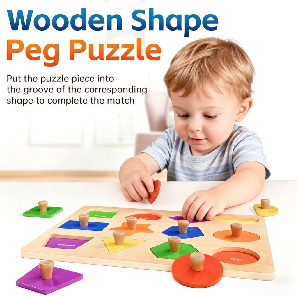 Thumbnail 2 de Wooden Shape Peg Puzzles for Toddlers (12–24 Months) – Montessori-style shape sorter & colour match wooden board