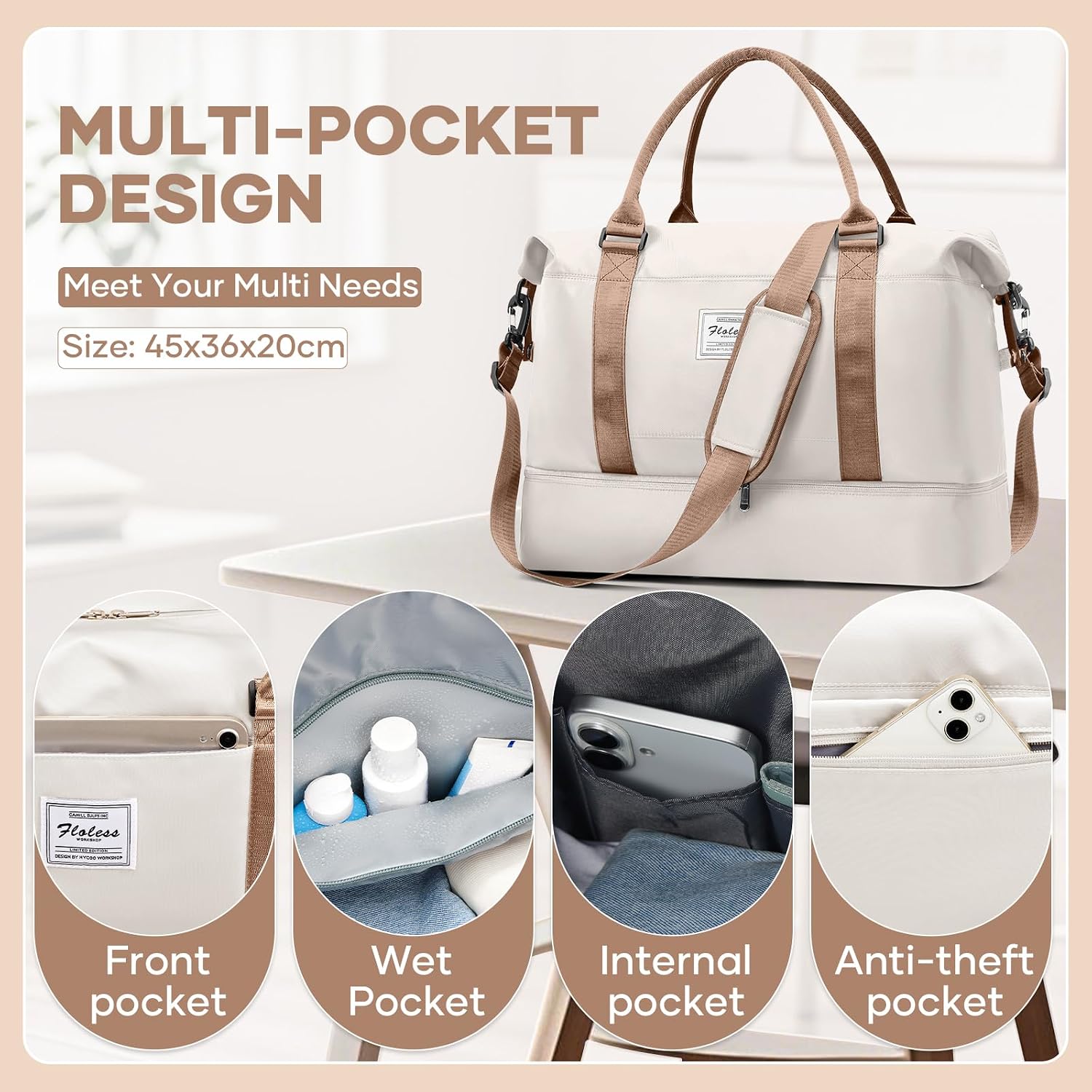 Detalle 2 de HPLQQ Weekender Reisetasche für Damen (45 x 36 x 20 cm) mit Schuhfach und Nassfach – Easyjet Handgepäck Kliniktasche Travel Duffle Bag