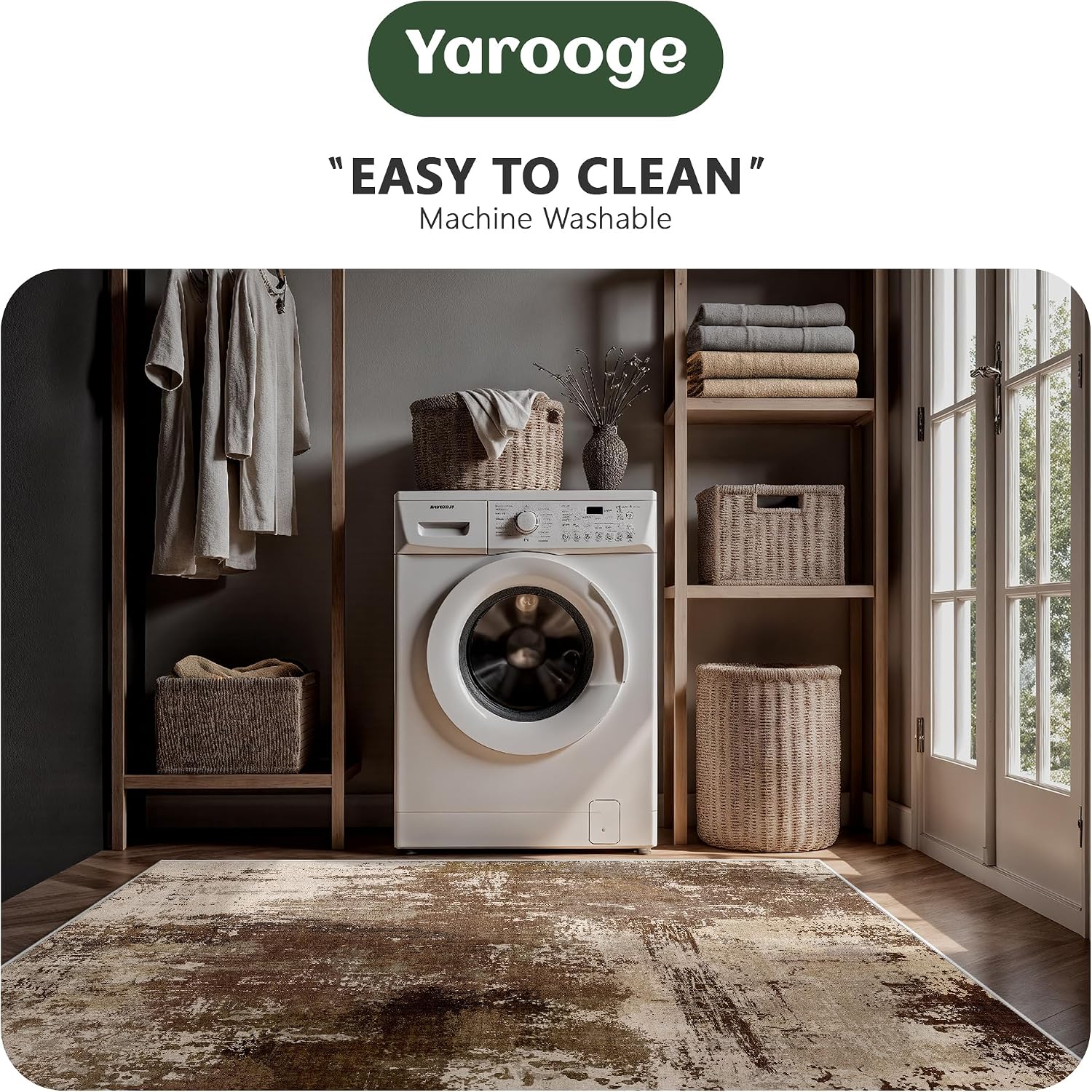 Detalle 2 de Yarooge 8' x 10' Brown Abstract Washable Area Rug, Low-Pile