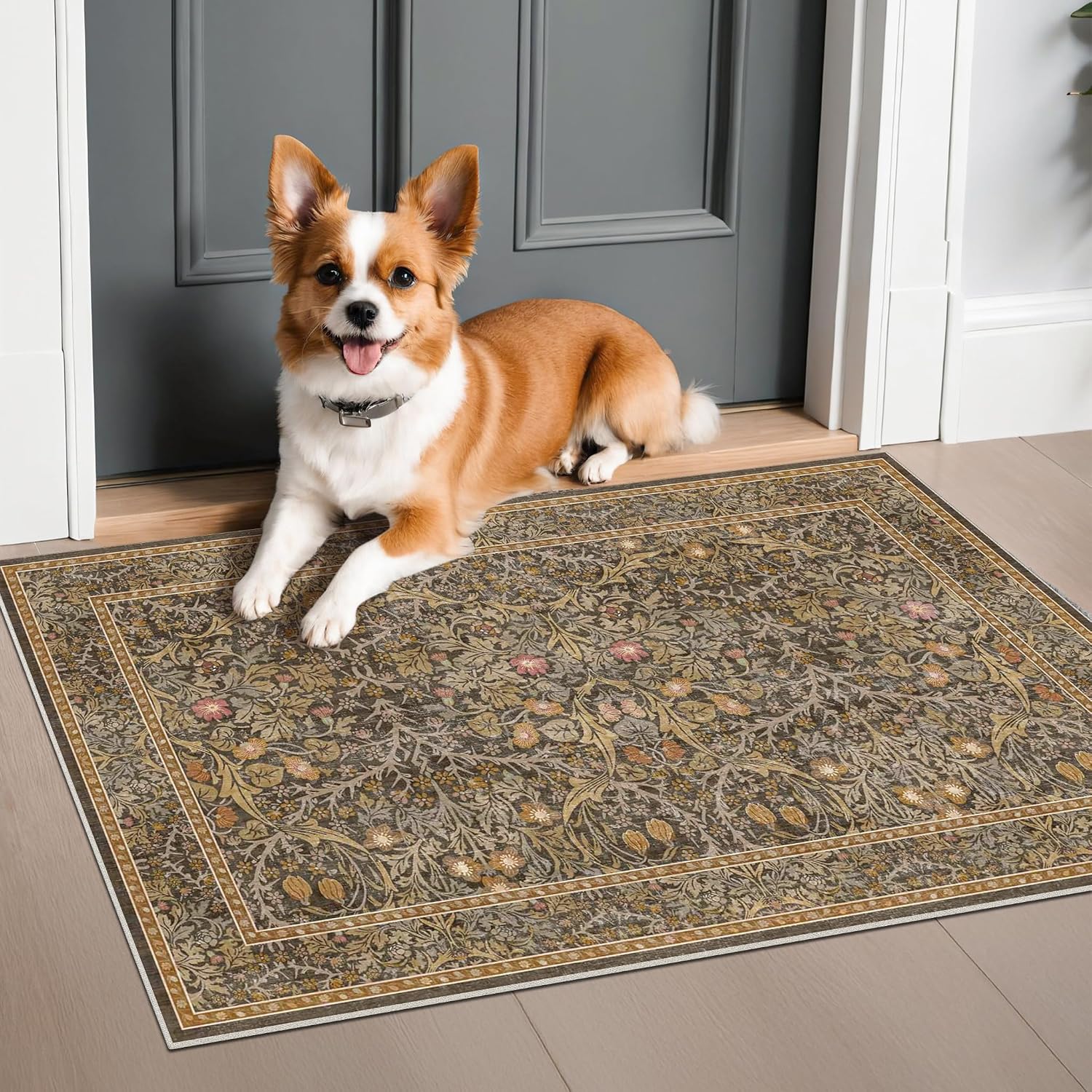 Detalle 2 de Brown Washable Entry Rug - Front Door Throw Rug (2x3) with Non-Slip Backing, Vintage Floral Boho Kitchen & Bathroom Mat