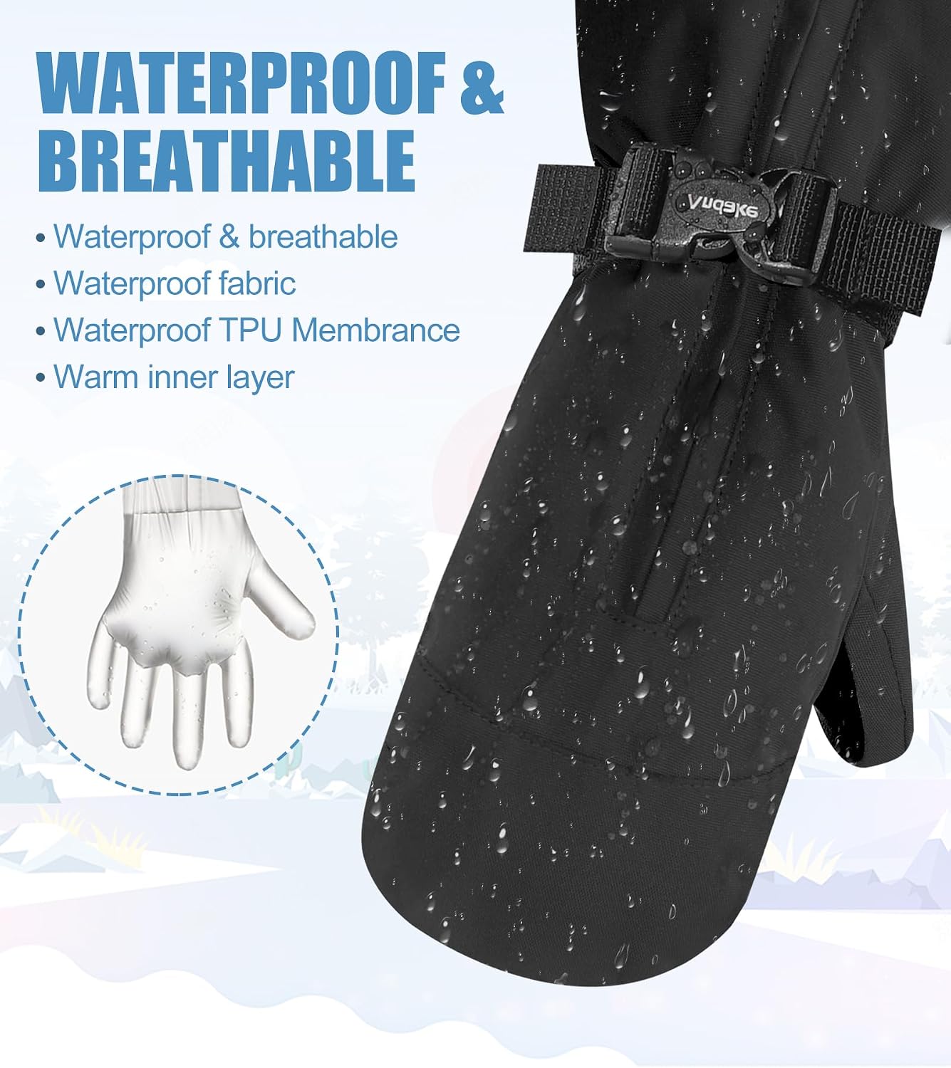 Detalle 2 de Andake Kids Ski Mittens, Waterproof and Windproof Winter Gloves