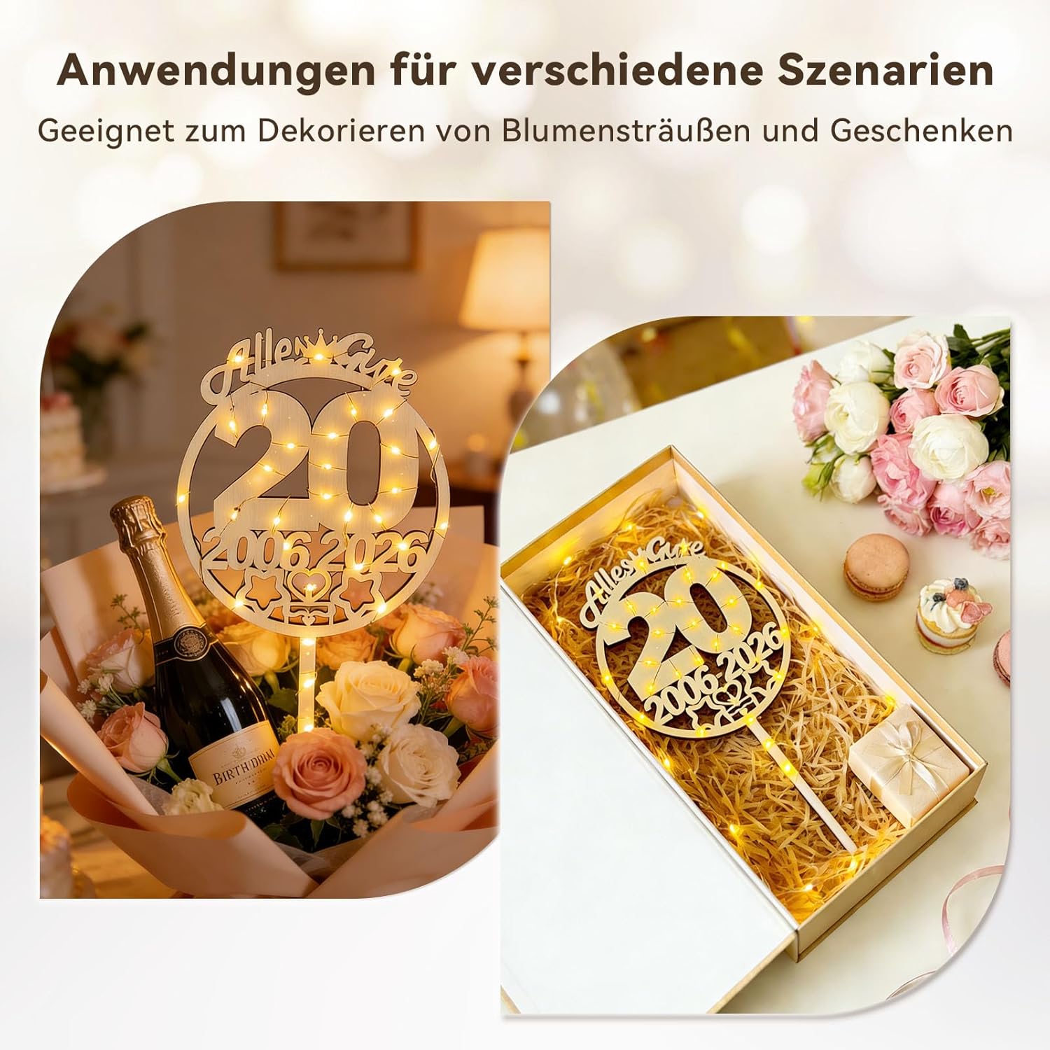 Thumbnail 3 de Seutgjie Tortendeko 20 Geburtstag – 27 x 13 cm Holz mit LED-Lichterkette (2006–2026), FSC-Holz