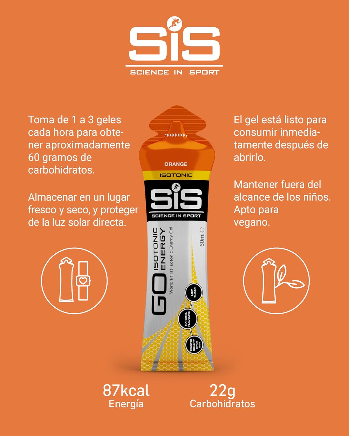 Detalle 2 de Science in Sport GO Gel Energético 🍊 15x60ml Naranja Vegano