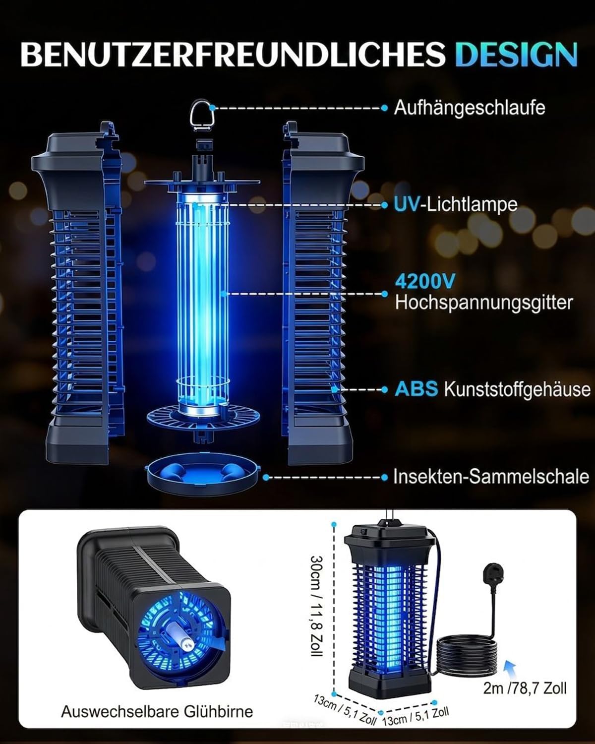 Detalle de Molxss Insektenvernichter Elektrisch 4200V – Innen & Außen, UV Mückenlampe, IPX4