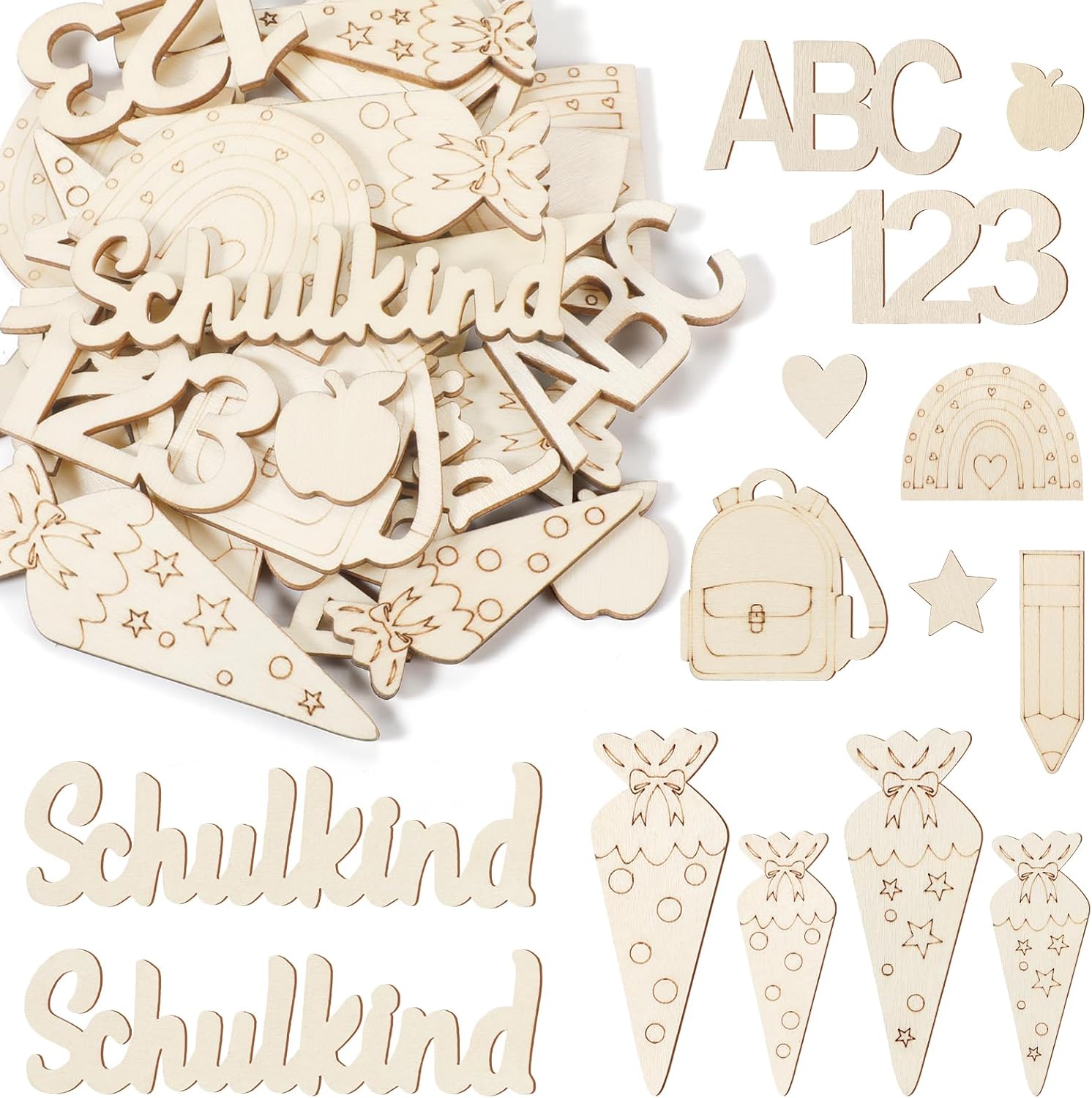 Detalle de 40 Stück Holz Streudeko Einschulung – ABC, 123, Zuckertüte & Bleistift als Tischdeko