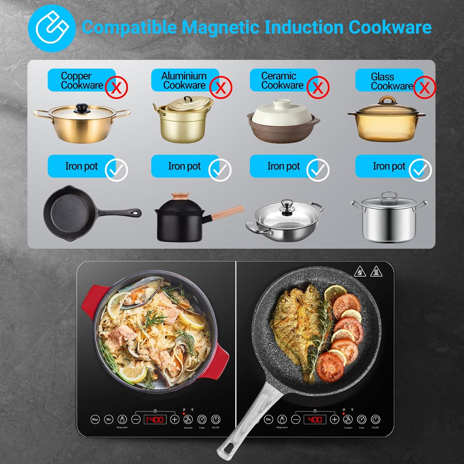 Thumbnail 4 de Aobosi Double Induction Hob with Black Glass Panel, 4-hour Timer & Safety Lock (2800W)