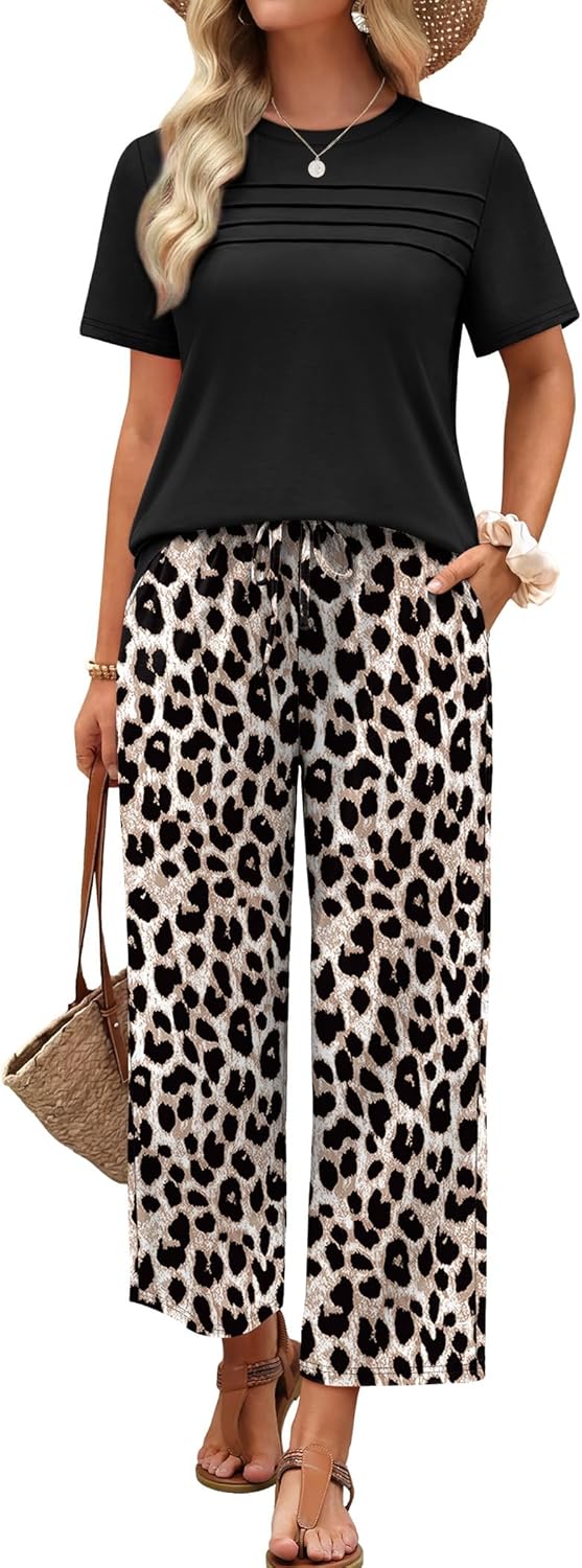 Thumbnail 2 de WIHOLL Two-Piece Lounge Set for Women: Cropped Wide-Leg Pants & Pleated Short-Sleeve Top