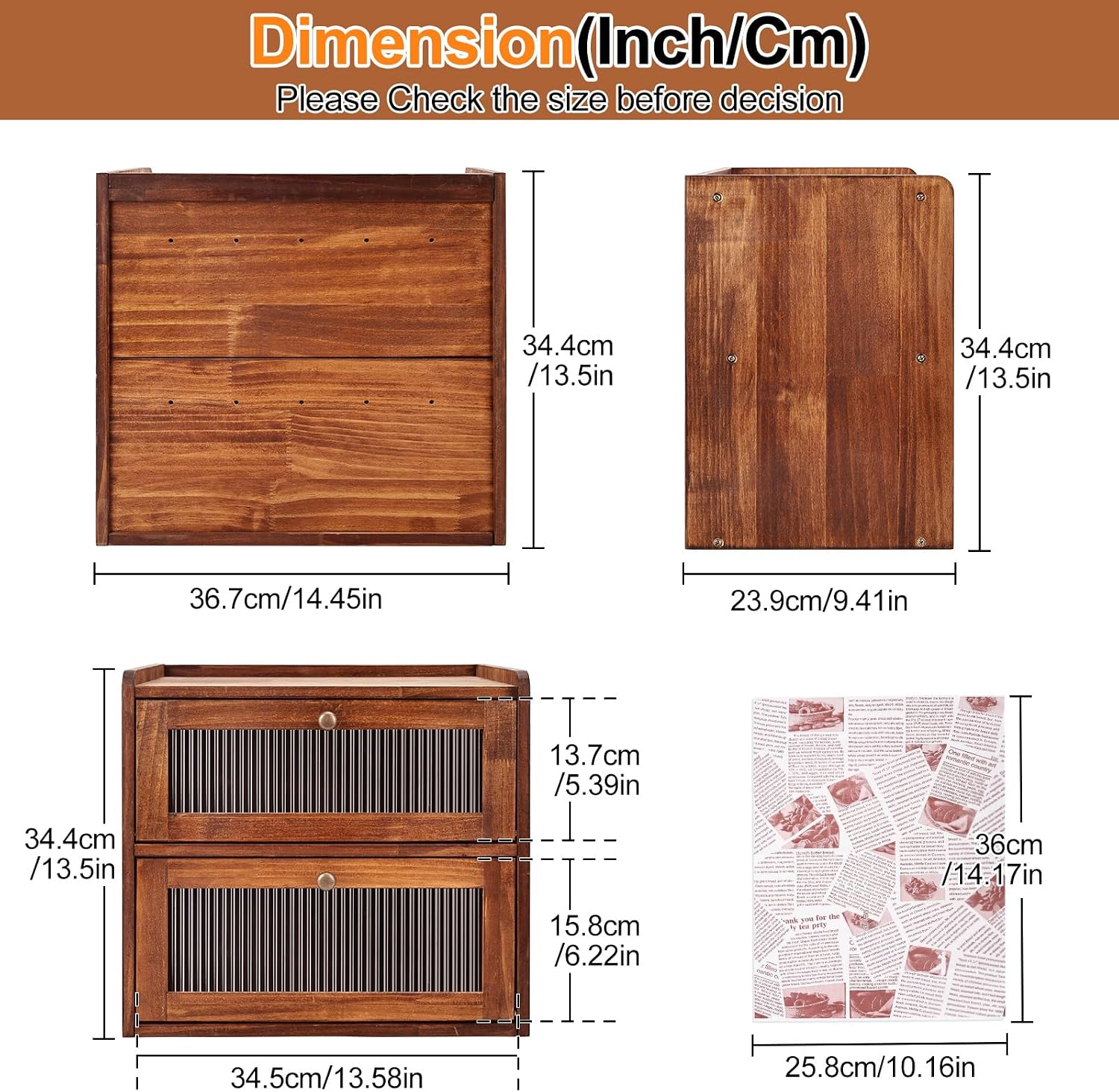 Detalle de Alpeir Double-Layer Bread Box, Brown Pine Wood with Acrylic Window and Vents