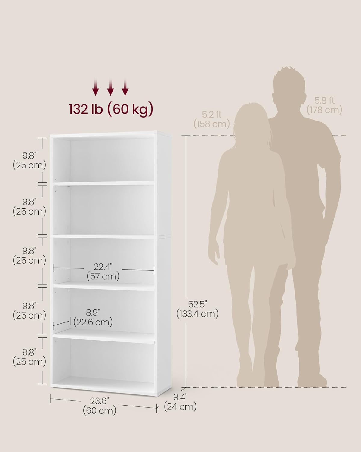Thumbnail 2 de VASAGLE CUSTOS Collection 5-Tier Bookshelf — Cloud White, 52.5" Tall