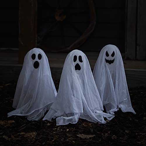 Detalle 2 de Lights4fun 3er-Set Halloween Geister – Geister-Stableuchten mit Erdspieß, batteriebetrieben, IP44